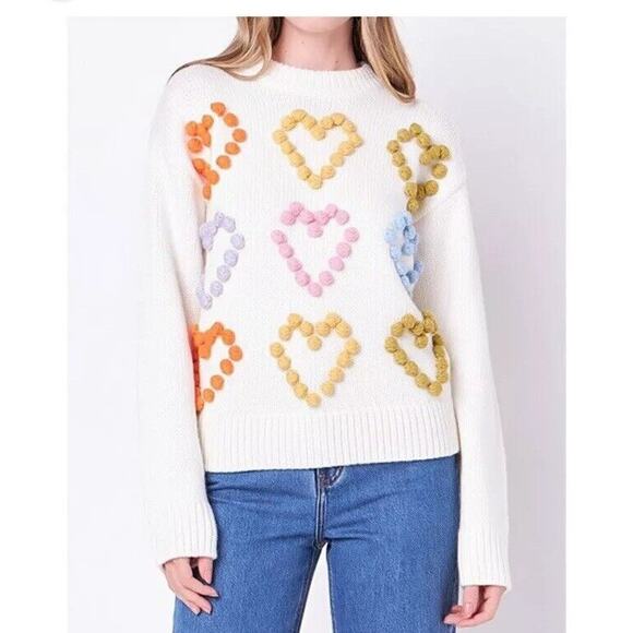 English Factory Heart Pom Sweater Knit Wool Blend Ivory Love Womens Size Small - Picture 1 of 14